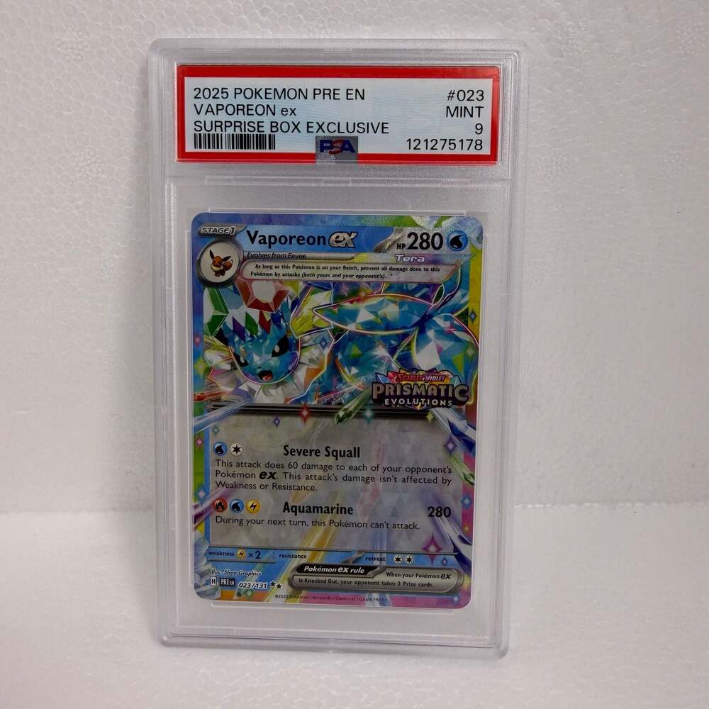 2025 Pokemon Prismatic Evolutions Vaporeon ex Surprise Box Exclusive #023 PSA 9
